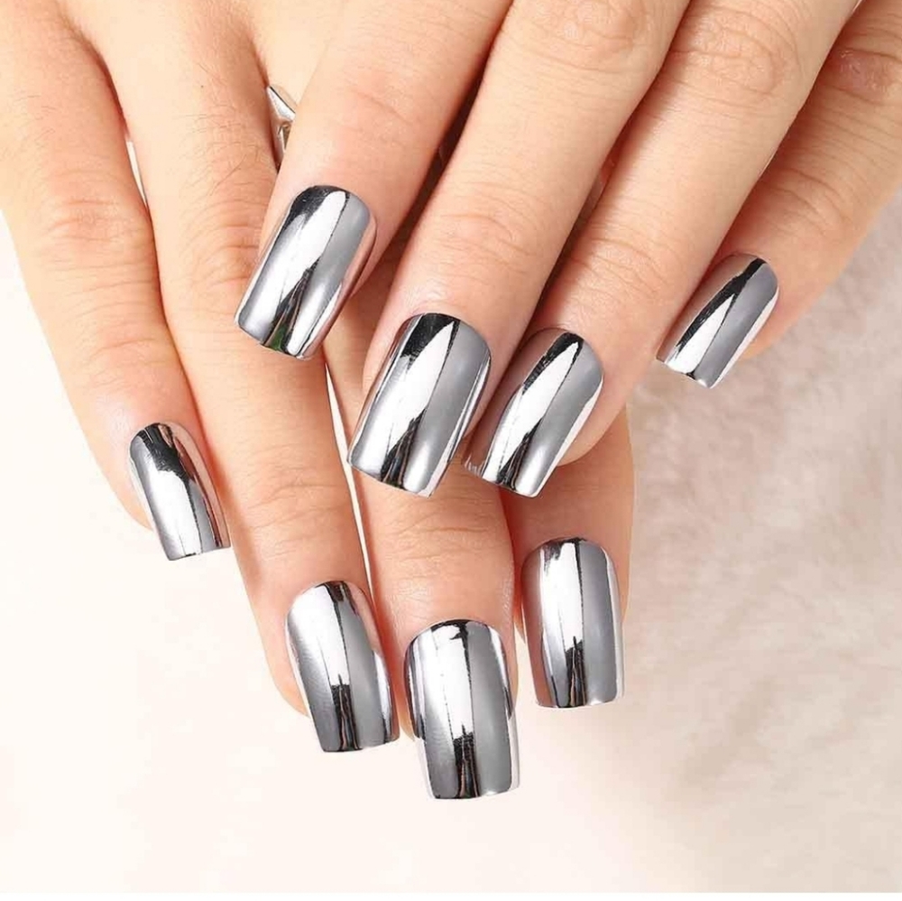 SILVER CHROME MIRROR PRESS ON GLUE ON NAILS 💅 SALON QUALITY GLUE & FILE - Picture 3 of 14
